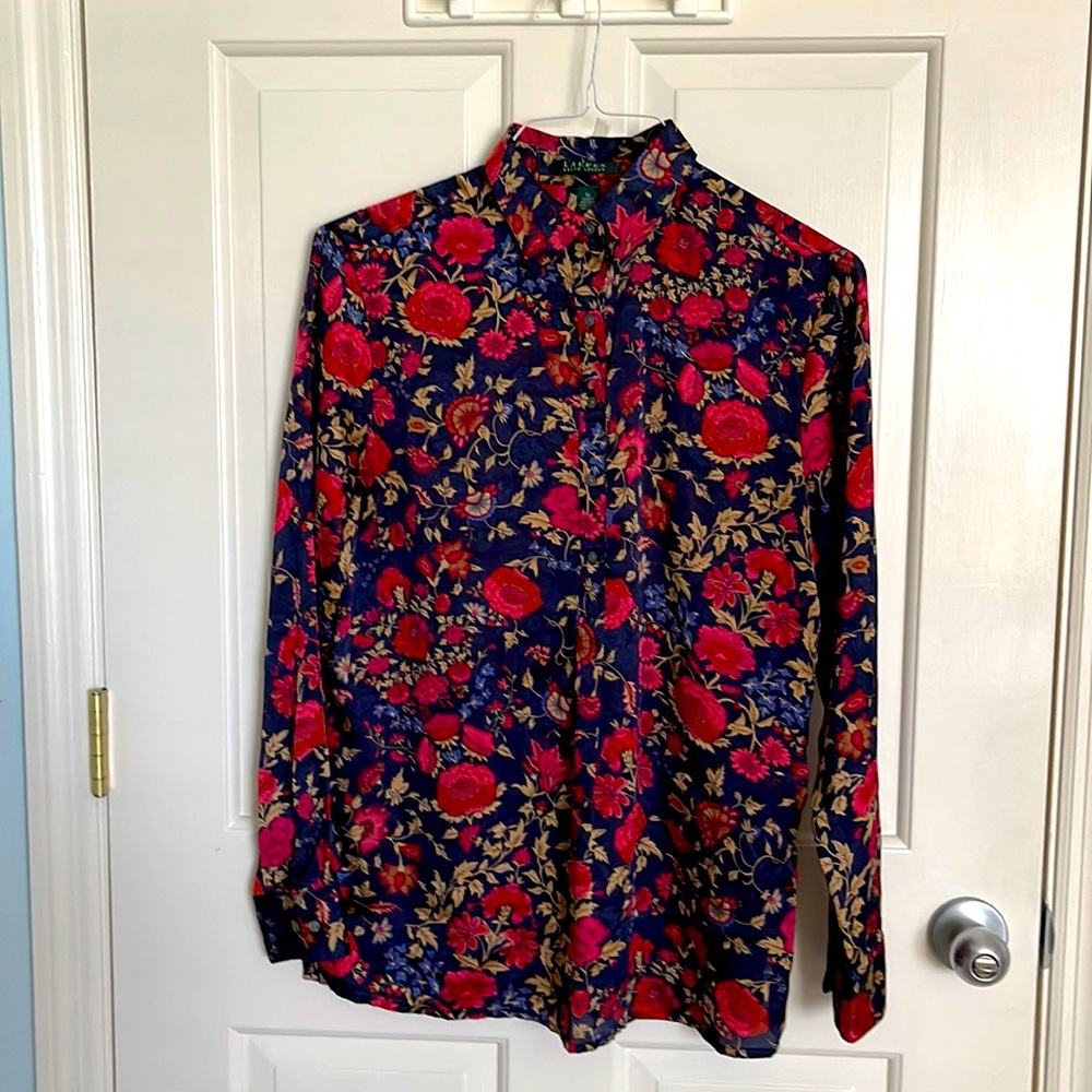 Lauren by Ralph Lauren floral satin popover blouse with button placket, Medium